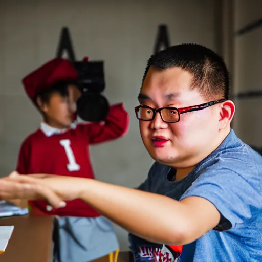 Prompt: fat kazakh guy with glasses in a red baseball cap teaching kids in school, photography, dramatic light, cinematic