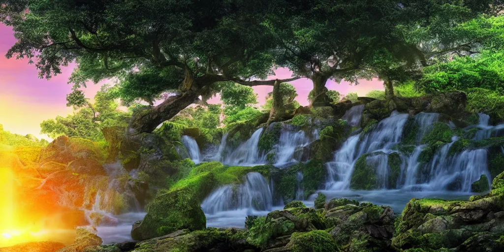 Prompt: ancient forest temple with a waterfall and tropic fruit trees, sunset, high definition, high detail, photorealisitc, 8k,