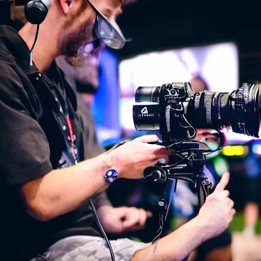 Image similar to ruggedly handsome gimbal camera operator getting the action shot at a video game tournament. photorealistic, high quality, intricate details