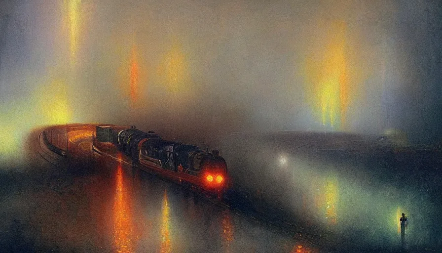 Prompt: a train driving through a psychedelic tunnel, by ivan aivazovski,