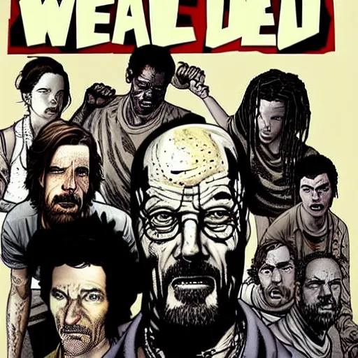 Image similar to “the walking dead comic cover featuring the cast of breaking bad in the style of Glenn Fabry.”