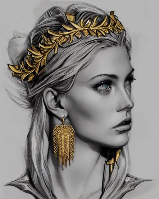 Image similar to tattoo design sketch of hot blonde super model as aphrodite greek goddess wearing a gold laurel wreath and triangle earrings, beautiful piercing gaze with sharp pupils, in the style of greg rutkowski, fantasy, amazing detail, epic, elegant, smooth, sharp focus, front view