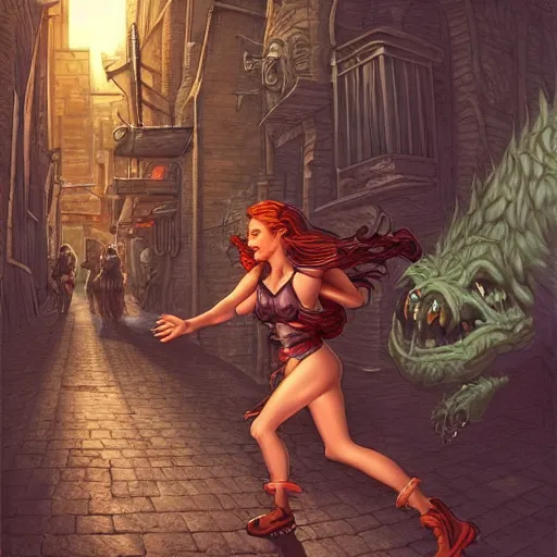 Prompt: jessica chastain running through an alley, chased by a monster, fantasy art, in the style of greg hildebrandt, illustration, fantasy, intricate, hyper detailed, artstation, sharp focus, ray tracing