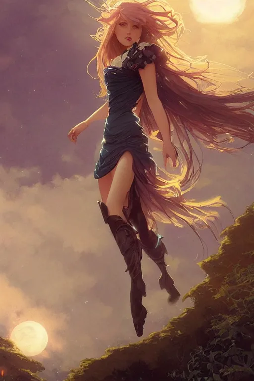 Image similar to fantasy, beautiful leg, long hair, girl, portrait, cloud sky and moon night background, high detail, cinematic lighting, concept art, digital art, illustration, smooth, sharp focus, greg rutkowski, alphonse mucha, loish, wlop, trending on artstation, trending on deviantart