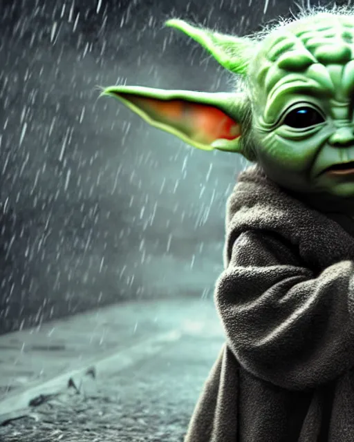 Prompt: epic closeup cinematic still of baby yoda wearing batman costume as batman in atmospheric rainy alleyway in the style of batman the dark knight rises, 8 k backlit, dramatic moonlight lighting, beautiful composition