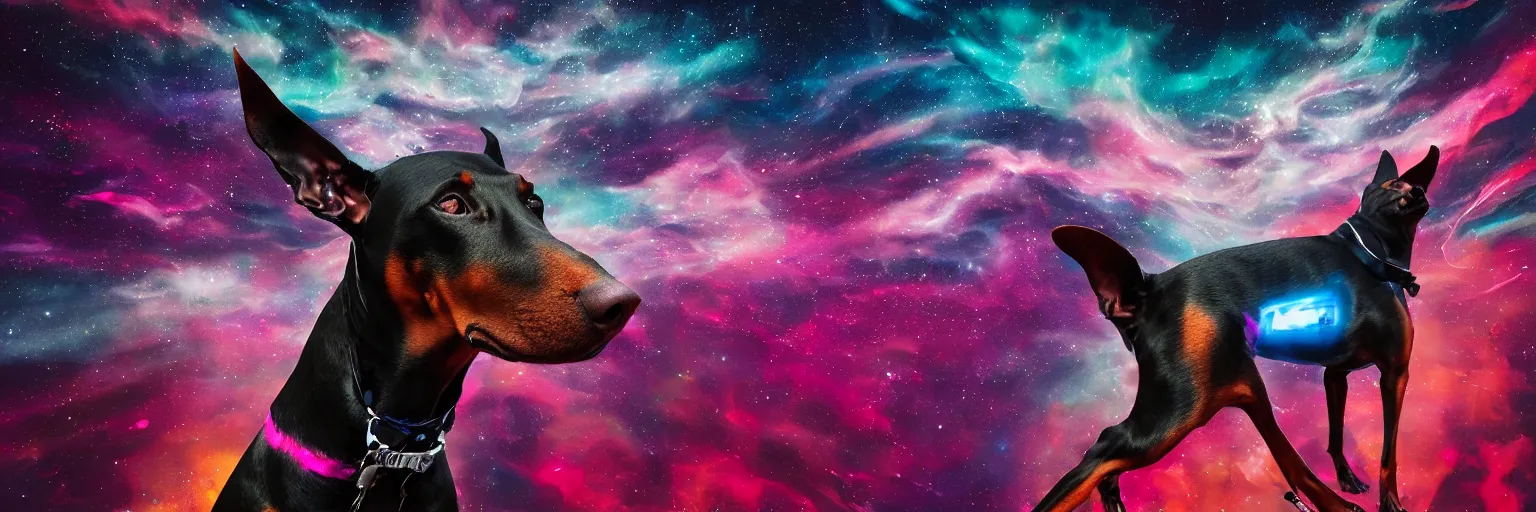 Prompt: spase doberman running close - up with neon mohawks, dogs, space, dark, stars, pink, oil painting, pirate neon ship with punks on board, neon, rich deep colors masterpiece, ultra detailed, contrast, lots of roman arches, clouds, sky, volumetric light, atmospheric lighting, dramatic, cinematic, moody, octane render 4 k, 8 k