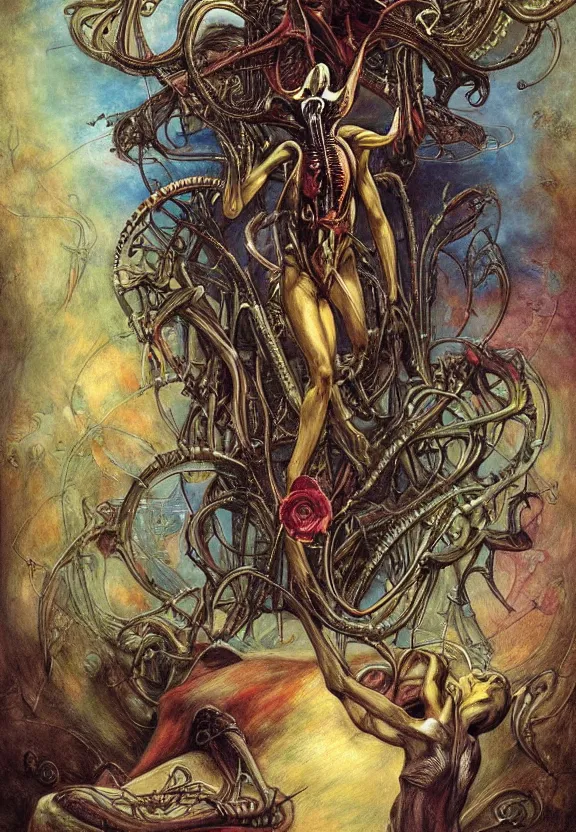 Prompt: simplicity, elegant, colorful muscular eldritch, flowers, bodies, neon, afrofuturism, by h. r. giger and esao andrews and maria sibylla merian eugene delacroix, gustave dore, thomas moran, pop art, giger's biomechanical xenomorph, art nouveau