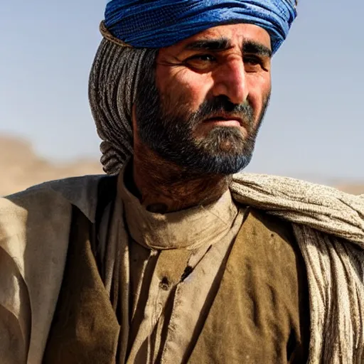 Image similar to Close up of a Kurdish shepherd wearing Kurdish clothes in a movie directed by Christopher Nolan, movie still frame, promotional image, imax 70 mm footage