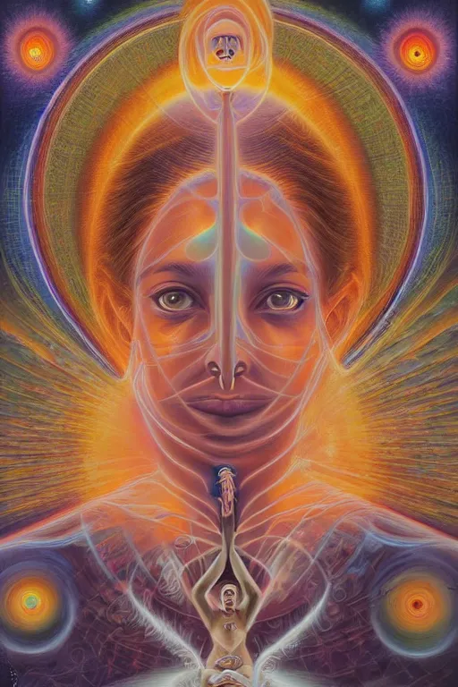 Prompt: transcendental meditation cult woman, opening third eye, chakra energy waves resonating from her body, ethereal aura, epic surrealism 8k oil painting, portrait, perspective, high definition, post modernist layering, by Raymond Swanland, Barclay Shaw, Alex Grey