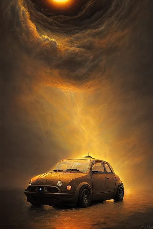 Prompt: Intricate stunning highly detailed Fiat 600R built in Argentina by agostino arrivabene and Vladimir Kush, surreal, digital painting, ultra realistic, Horror vacui, dramatic lighting, full moon, thick black swirling smoke tornado, burning fire embers, artstation