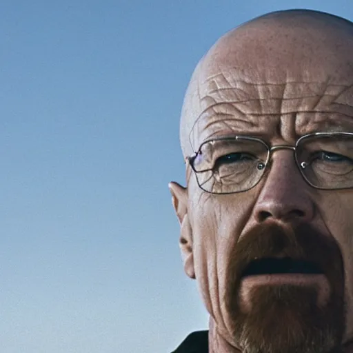 Prompt: breaking bad still frame of walter white in shock with his mouth opened, crying, speechless, desert background, breaking bad