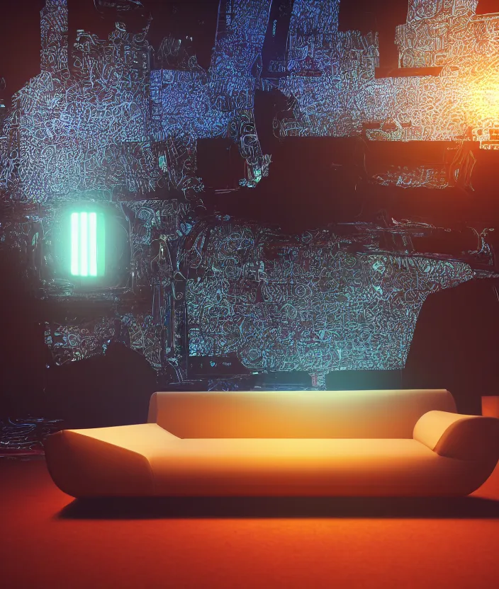 Image similar to japanese model cybernetic sofa with digital led skin, neon lighting, techno neon projector background, promotional photo, intricate details, ultra realistic, unreal engine 5, depth of field, bokeh, octane render