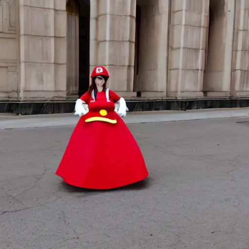 Image similar to a woman cosplaying nintendo mario in an opera gown