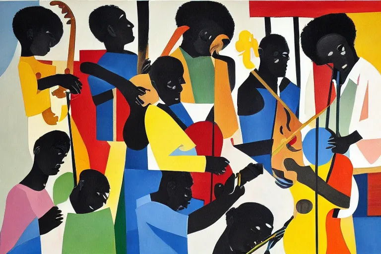 Image similar to a painting of a group of men playing instruments, an ultrafine detailed painting by romare bearden, behance, black arts movement, artwork, fauvism, academic art, large brush strokes, grainy texture