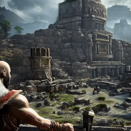 Image similar to an ancient city being destroyed by a horrible monster, in the style of god of war