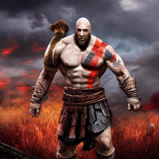 Image similar to The Rock as Kratos, with a background based on the game God of War, detailed face