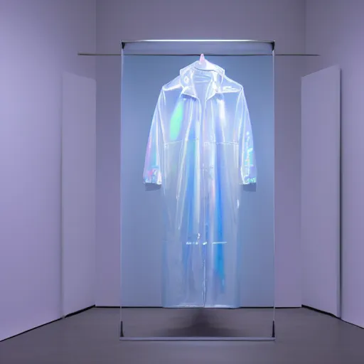 Prompt: an ultra high definition professional studio quality photograph of a transparent iridescent perspex pastel coloured raincoat on a white coat hook in an empty white room. dramatic lighting, ray tracing, refraction, shallow d. o. f, colour corrected, golden ratio, three point light. light rays.
