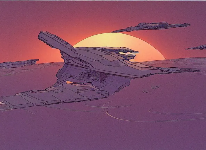 Prompt: a spaceship in a stunning landscape by moebius
