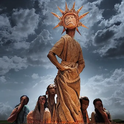 Image similar to a giant computer god towering above praying individuals made out of organic materials, dramatic backlighting, 3 5 mm, digital art, realistic