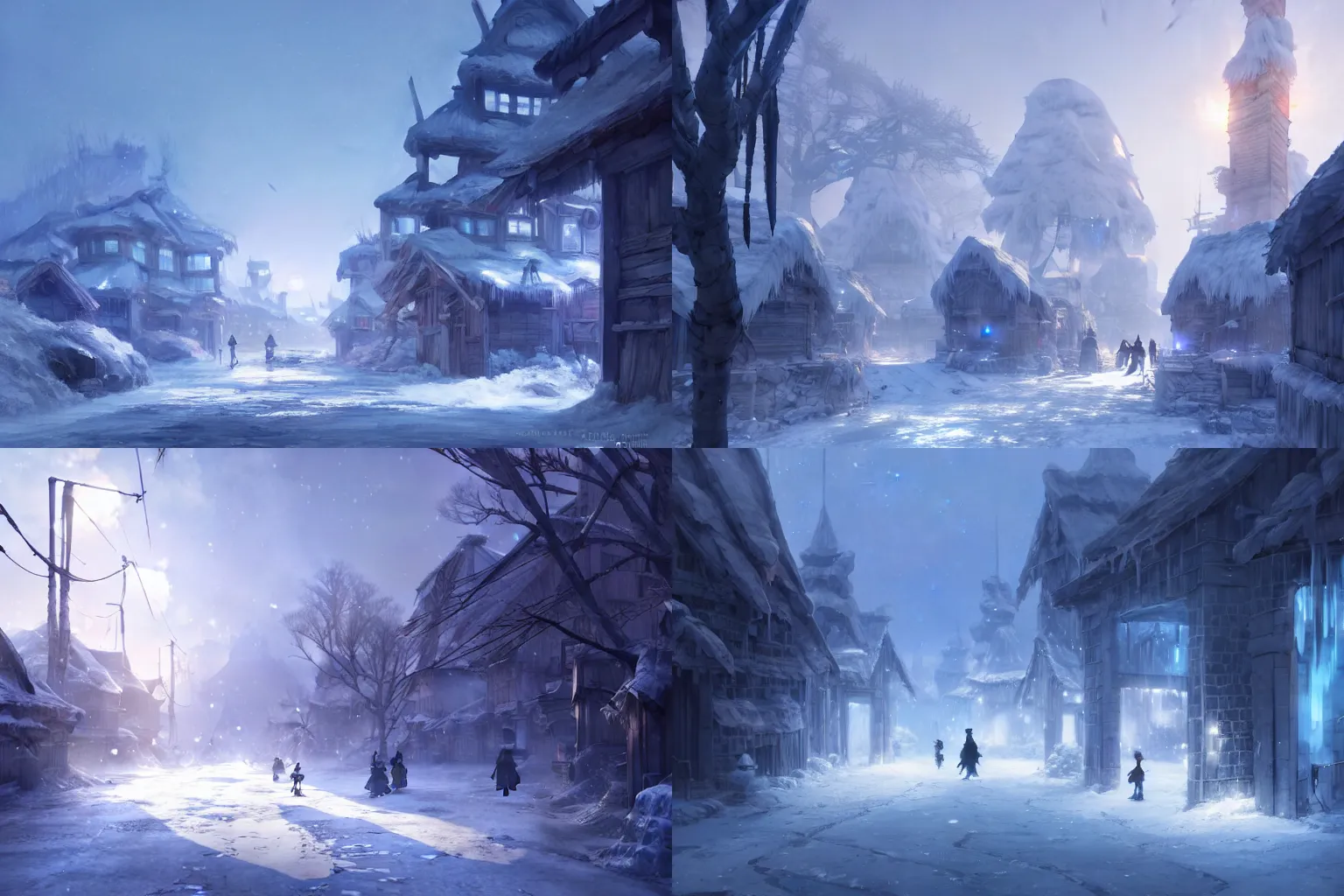 Prompt: the street of a frozen village in ice that never the see the sun again, concept art by makoto shinkai and greg rutkowski, matte painting, trending on artstation