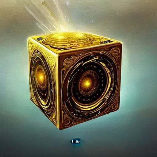 Image similar to hyper realistic golden quantum computer in the shape of a giant cube the size of a city , art by artery and Greg Rutkowski and alphonse mucha, sci-fi, fantasy, intricate, ornate, very very intimidating , highly detailed, digital painting, artstation, concept art, smooth, sharp focus, illustration