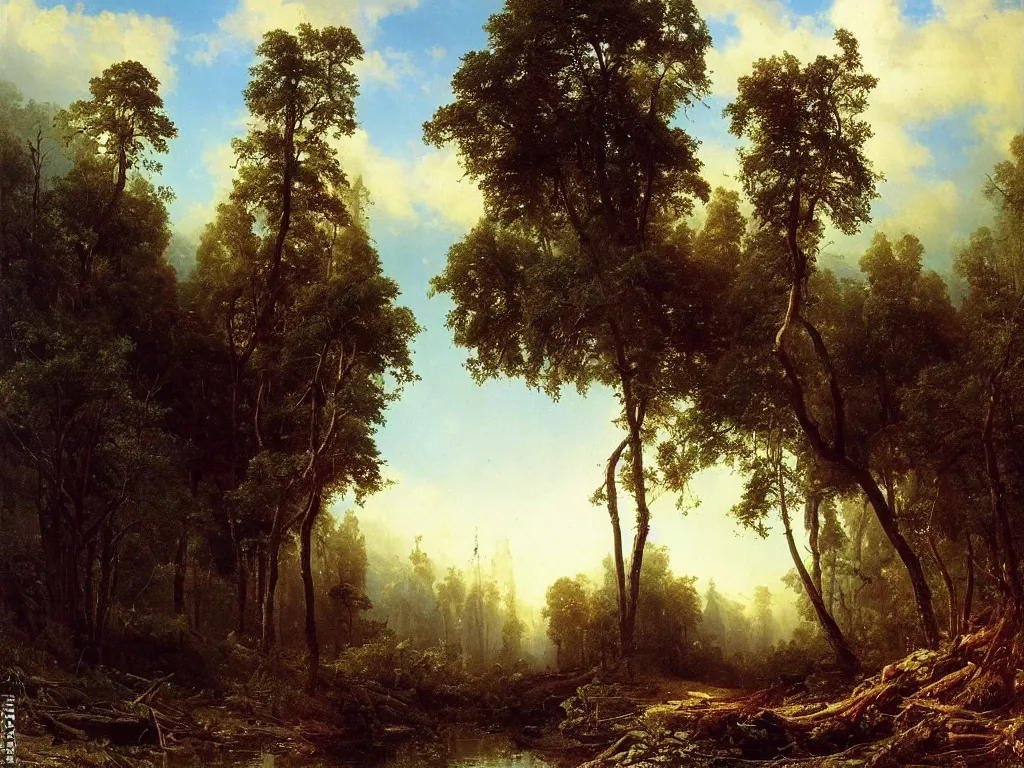 Prompt: abandoned city reclaimed by nature by ivan shishkin and aivazovsky, oil on canvas, highly detailed, masterpiece