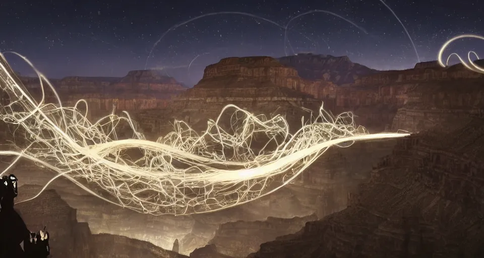 Image similar to miniature installation, macro photography, night, a lot of people and a spiral - shaped white luminous attractor is floating in grand canyon, concept art, art for the game, professional lighting, art