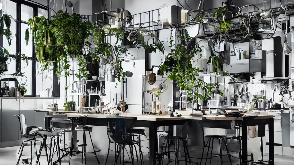 Prompt: Ikea catalogue photo, high end technological cyberpunk house style kitchen, intricate statues, various lush plant life, iridescent flooring, riveted steel furniture