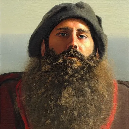 Prompt: bearded beautiful man, broad brush, dry brush, oil on canvas, by joshua miels