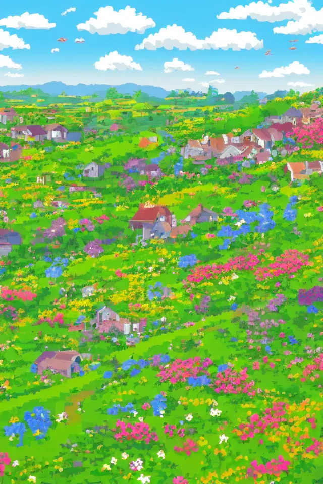 Prompt: a countryside in spring, green hills and blue sky with patches of clouds, nature in all its beauty, some houses in the background, star - shaped flowers in the foreground, we can see the sea, pixel art, detailed,