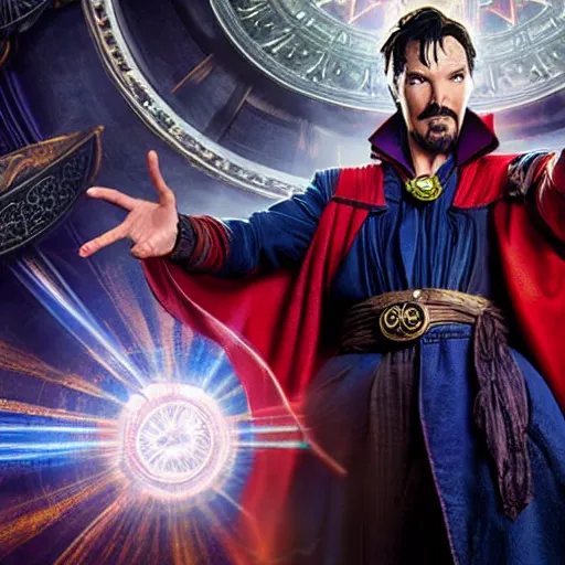 Image similar to a photo of Doctor Strange ((from Marvel)) asking for a bargain at the flea market, 8k UHD