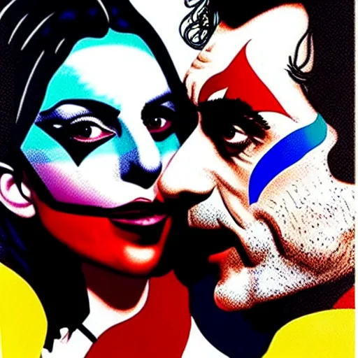 Image similar to richard hamilton and mimmo rottela as lady gaga harley queen and joaquin phoenix joker couple kissing, pop art, 2 color, left and right align, object details, dynamic composition, 4 k, ultra realistic art, smooth, sharp focus, illustration, concept art, intricate details, h 7 6 8