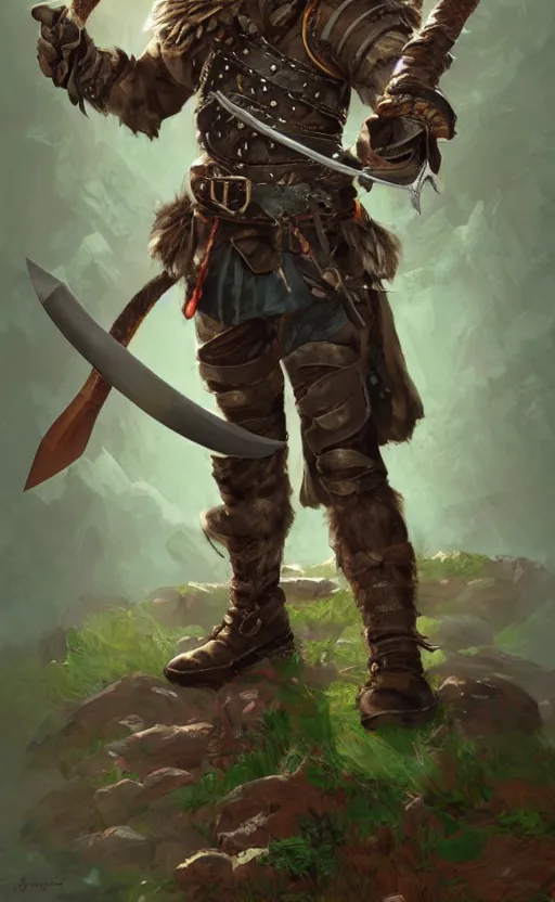 Image similar to strong young man, photorealistic bugbear ranger holding sword, fire magic, black beard, dungeons and dragons, pathfinder, roleplaying game art, hunters gear, jeweled ornate leather and steel armour, concept art, character design on white background, by norman rockwell, makoto shinkai, kim jung giu, artstation trending, poster art, colours red and green