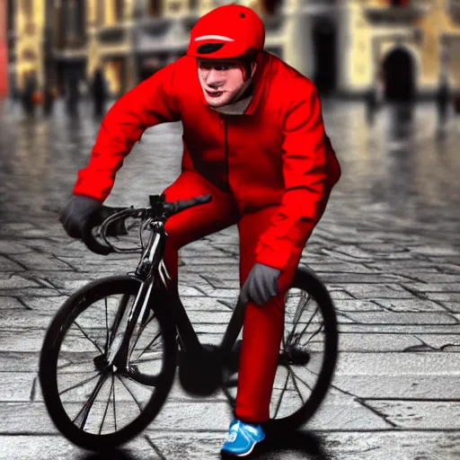 Image similar to a delivery guy wearing red jacket cycling at night in uni colored street, rainy weather, 4 k, realistic, trending on artstation