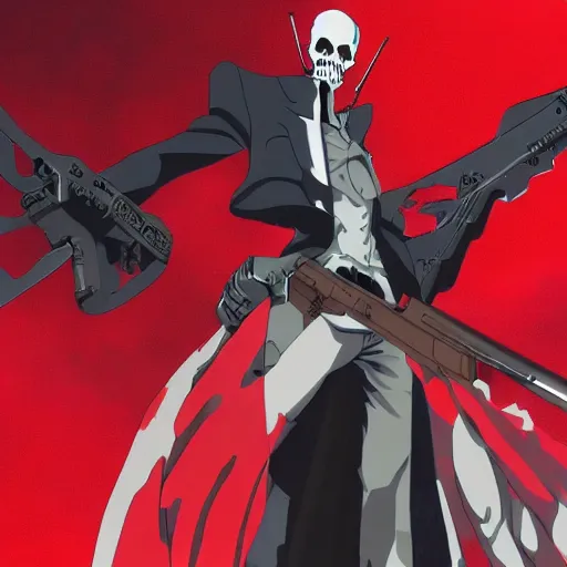 Image similar to a shot of a grim reaper as gunsliger man in trigun anime, movie shot, anime, hightly detailed, rescalated 4 k, detailed