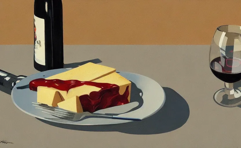 Prompt: beautiful still life featuring tillamook cheese, and red wine and a gun, very coherent, painted by Edward Hopper, painted by James Gilleard, airbrush, art by JamesJean