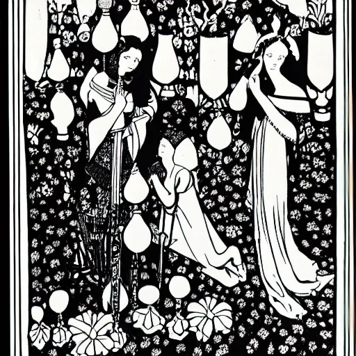 Prompt: how four queens found launcelot sleeping, aubrey beardsley