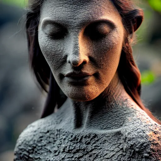 Prompt: beautiful stone woman, lava flowing, exotic trees, bare bark, dark eyes, low angle mist, high octane, frostbite, 8 k, cinematic, 3 5 mm, h 6 4 0