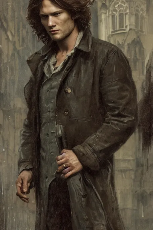 Prompt: a detailed matte portrait of sam winchester in a supernatural sherlock holmes story, 1 8 th century london in the rain, city streets, ominous, masterpiece, 8 k, art by alphonse mucha and greg rutkowski