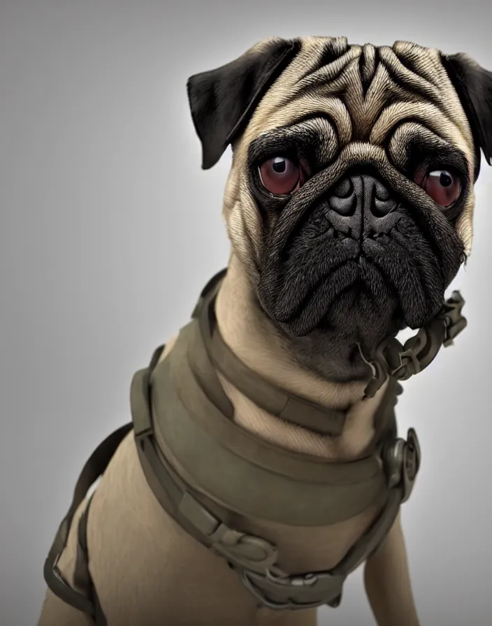 Image similar to a dog pug wearing a gas mask, intricate artwork by artstation. octane render, cinematic, hyper realism, 8k, depth of field.