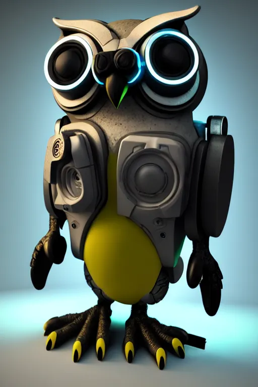 Image similar to high quality 3 d render very cute cyborg owl! with boombox!, cyberpunk highly detailed, unreal engine cinematic smooth, in the style of blade runner & detective pikachu, hannah yata charlie immer, moody light, low angle, uhd 8 k, sharp focus