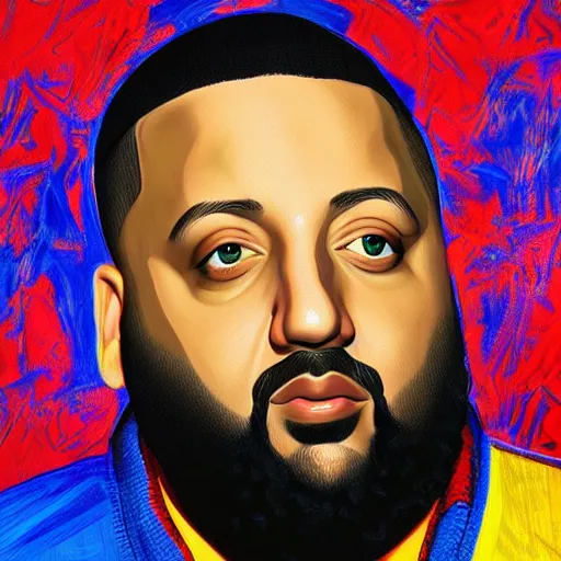 Image similar to ultra detailed portrait photo of dj khaled in a studio, blue, under red and yellow cinematic lighting, digital painting, android jones