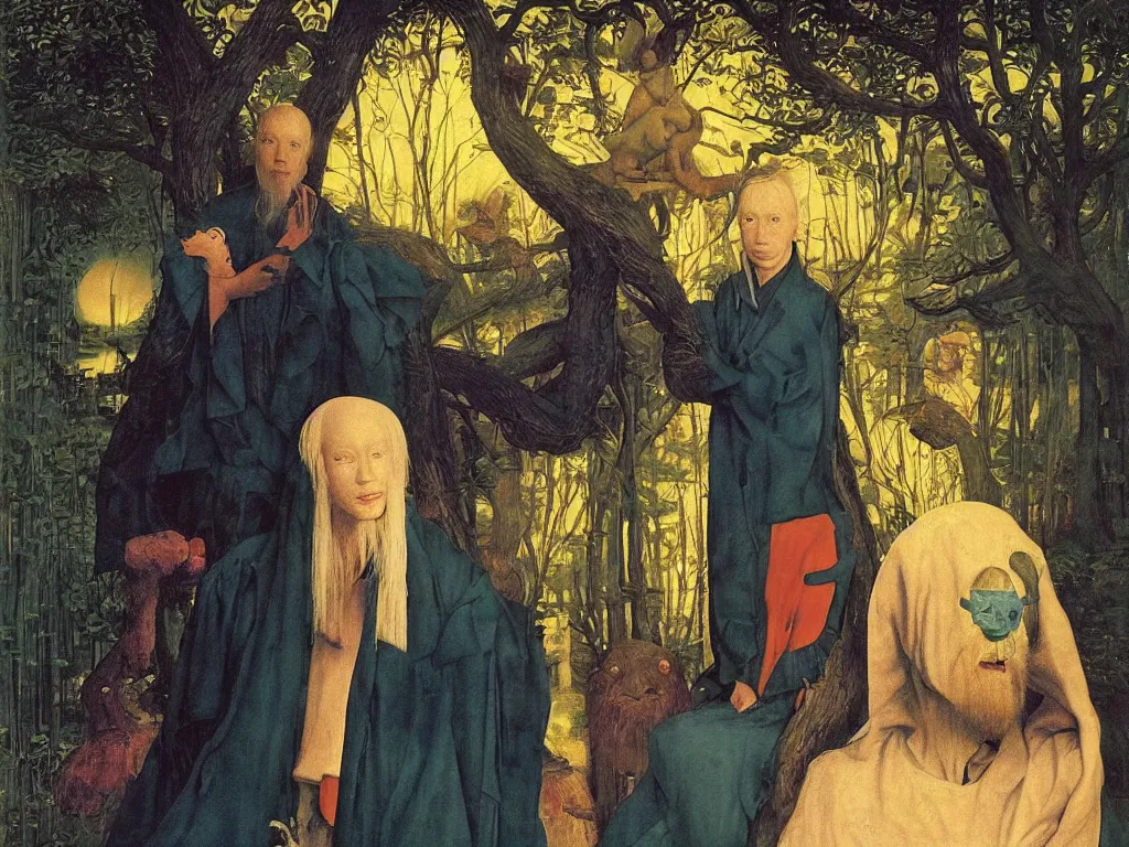Image similar to Portrait of albino mystic with blue eyes, with sculpture by Henri Moore. Night with fireflies. Painting by Jan van Eyck, Audubon, Rene Magritte, Agnes Pelton, Max Ernst, Walton Ford