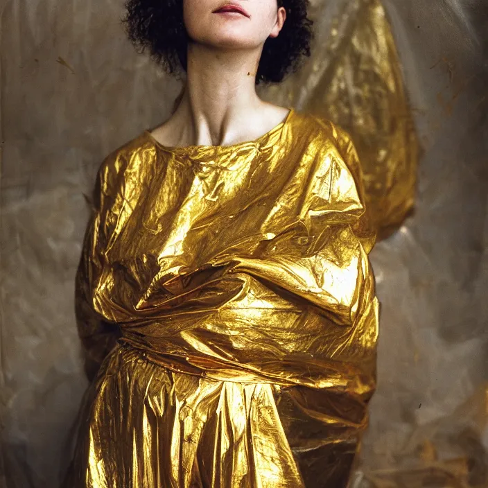 Prompt: closeup portrait of a woman wrapped in gold cellophane, standing in a derelict greenhouse, color photograph, by caravaggio, canon eos c 3 0 0, ƒ 1. 8, 3 5 mm, 8 k, medium - format print