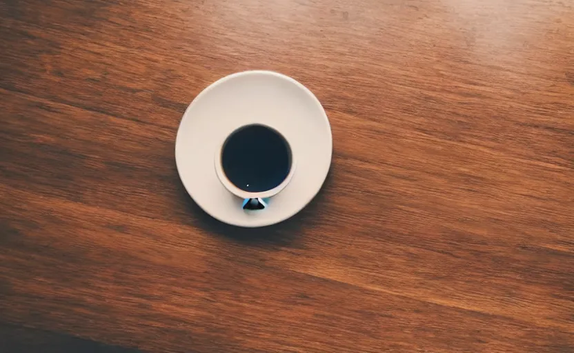 Image similar to top view of a wooden table with a cup of coffee, natural light, cinematic lighting, 8 k