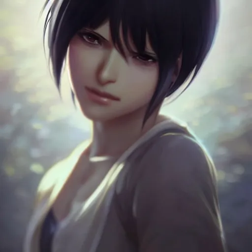 Image similar to mikasa ackerman, bokeh, beautiful face!!!!, 2 7 years old, cg animation, lifelike, animated, realistic, character select portrait, by artgerm, greg rutkowski, alphonse mucha, 3 d