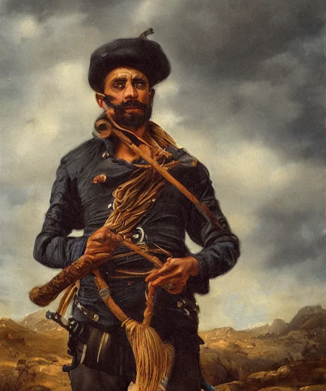 Image similar to ultra realistic color portrait painting of a spanish bandolero 1 9 th century with a trabuco, dark, painted, brooding, atmospheric, landscape, smooth, epic, highly detailed, cinematic