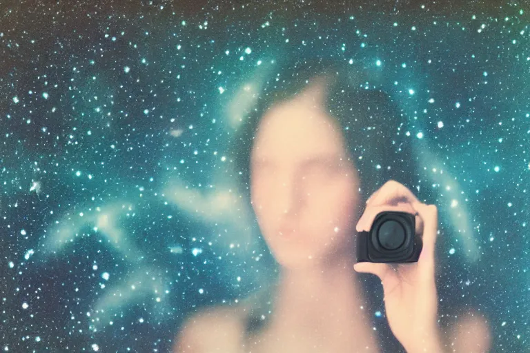 Prompt: blured girl on night vision, focused background galaxy, polaroid photo