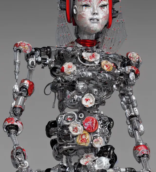 Image similar to full body portrait of a beautiful japanese robotic geisha with wires and actuators and kanji tattoos and decals, dramatic lighting, hyper - realistic, ultra - realistic, intricate details, japanese model, 8 k ultra high definition, octane render