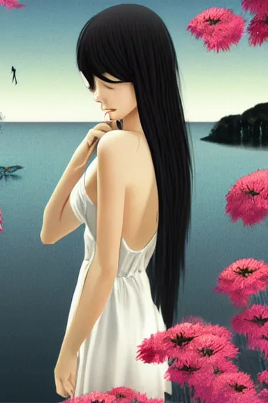 Image similar to mysterious girl with her long black hair dressed in a simple white dress swimming in a lake with flowers, anime art style, digital art by ilya kuvshinov, inspired by balthus, hd, 4 k, hyper detailed, side view